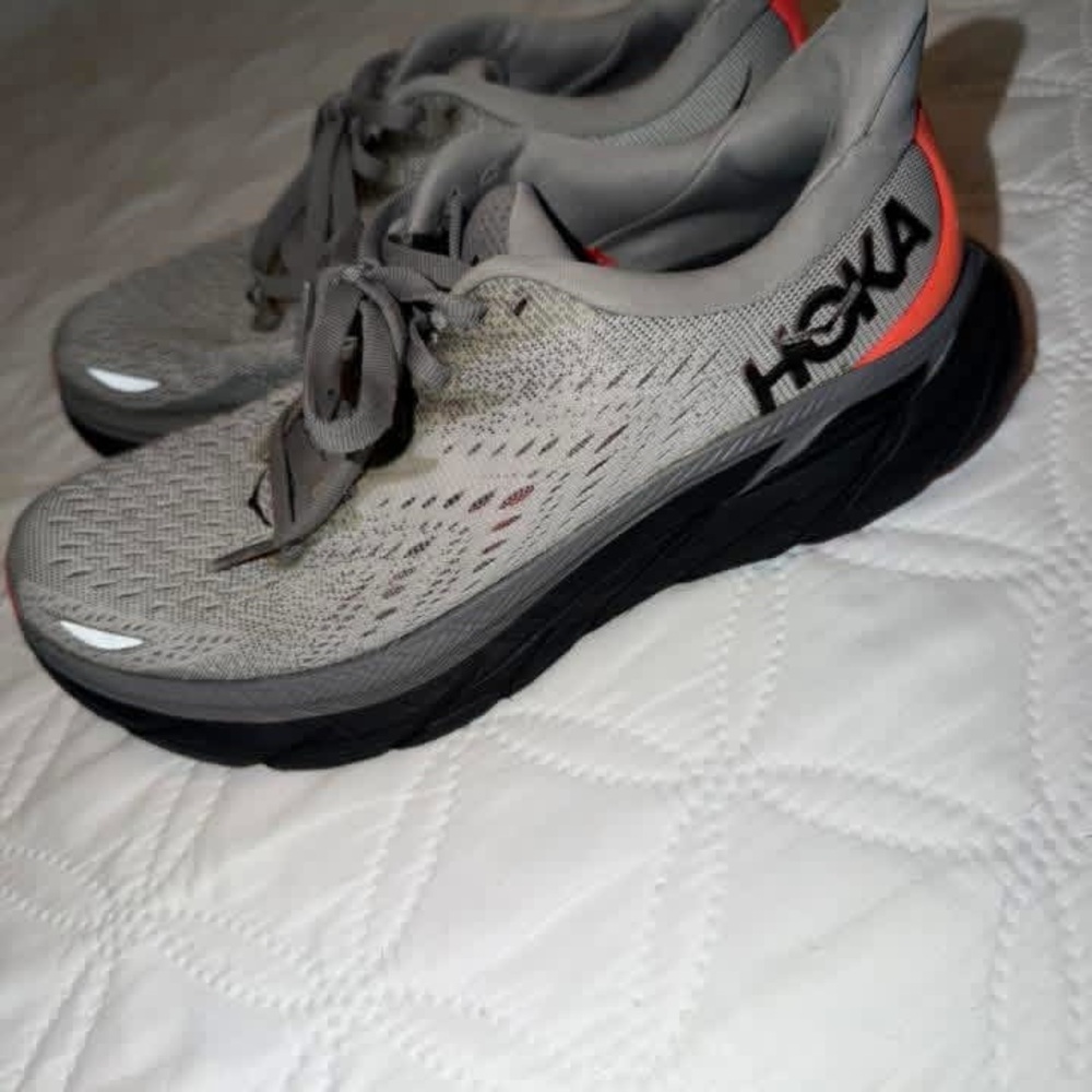 Hoka Gray Running Shoes with Black Sole and Coral Heel Trim